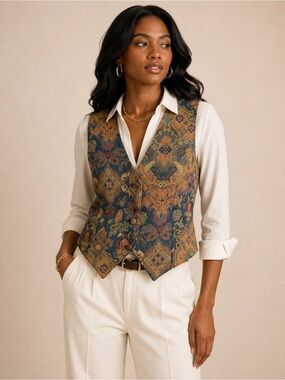 Vintage Agenda Tapestry Vest Large | Jacquard Woven Southwest Boho Waistcoat